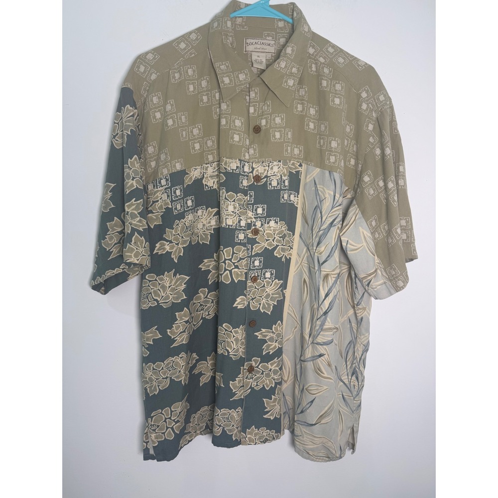 Boca Classics Mens XL 100% Silk Short Sleeve Button Down Shirt Floral Patchwork